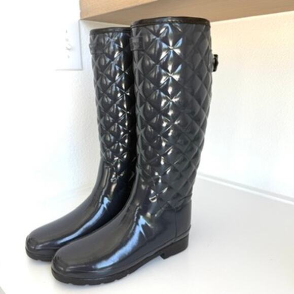 Hunter Gloss Quilted Tall Rain Boots Charcoal Rubber Waterproof 7 Women EUC - Picture 4 of 15